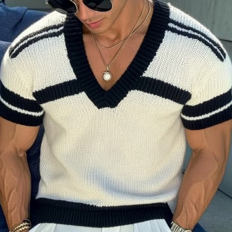 【24-hour shipping out】Men's Casual V-neck Striped Jacquard Slim Fit Knitted Short-sleeved Sweater T-Shirt 13072472M