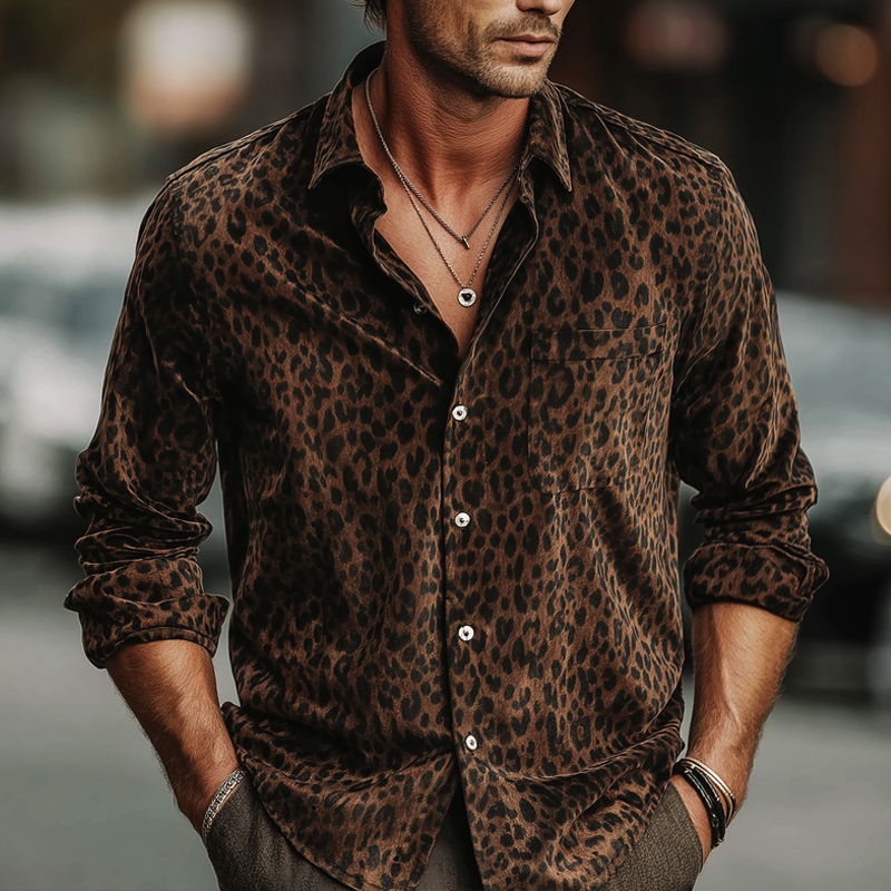 Men's Urban Dark Brown Leopard Long-sleeved Shirt MTA0958L0U