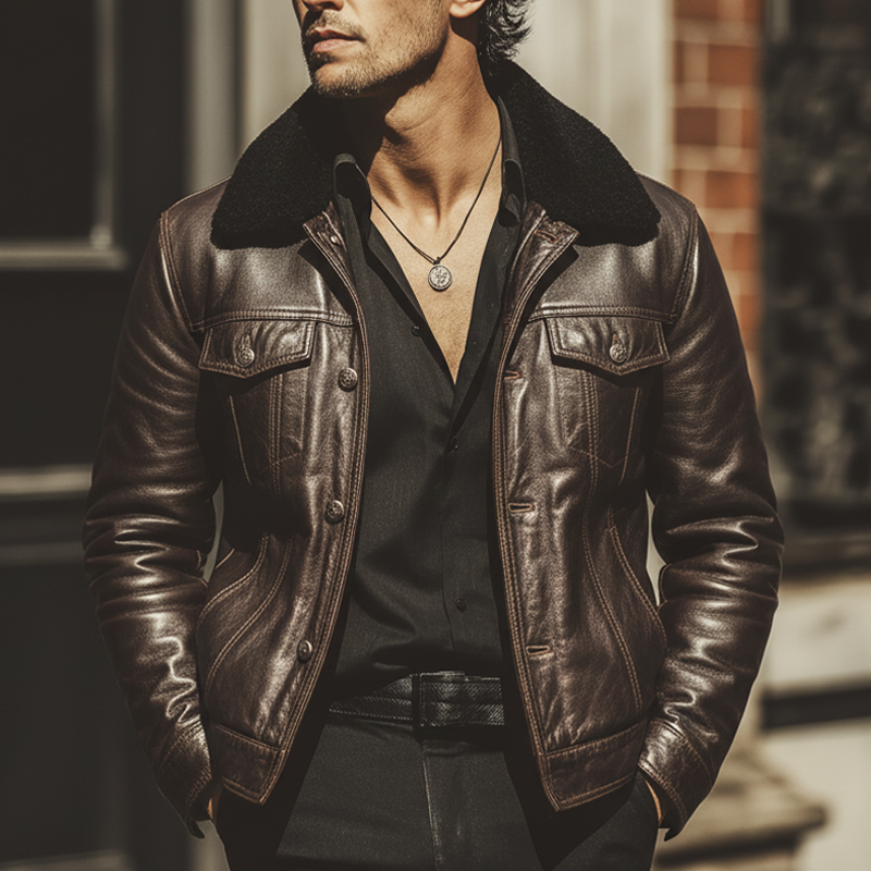 Men's Business Fur Collar Chocolate-colored PU Leather Jacket MTA0982L4U