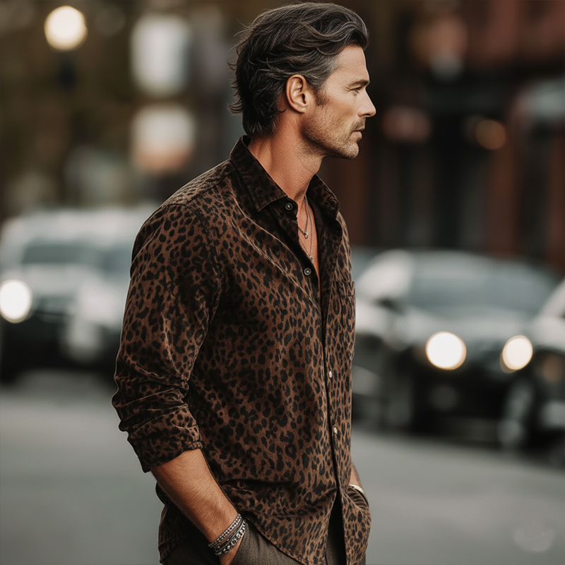 Men's Urban Dark Brown Leopard Long-sleeved Shirt MTA0958L0U