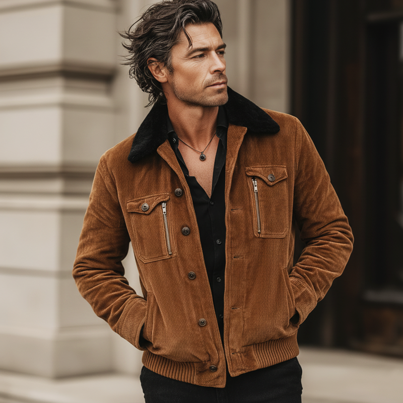 Men's Urban Caramel Corduroy Fur Collar Jacket MTA0980L5U