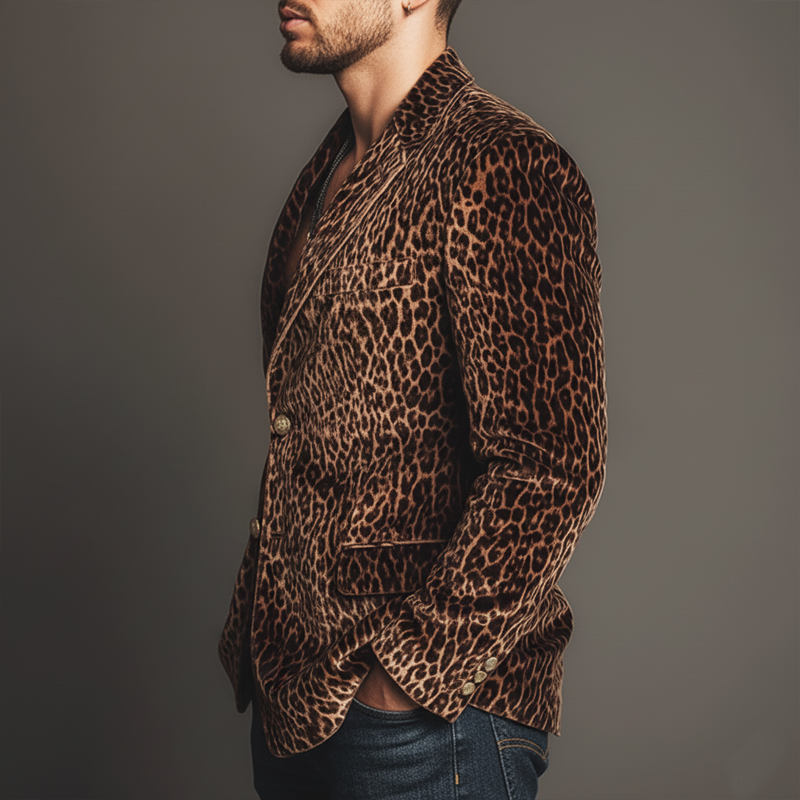 Men's Urban Fashion Leopard Velvet Two-button Double-vented Blazer MTA0947L9U