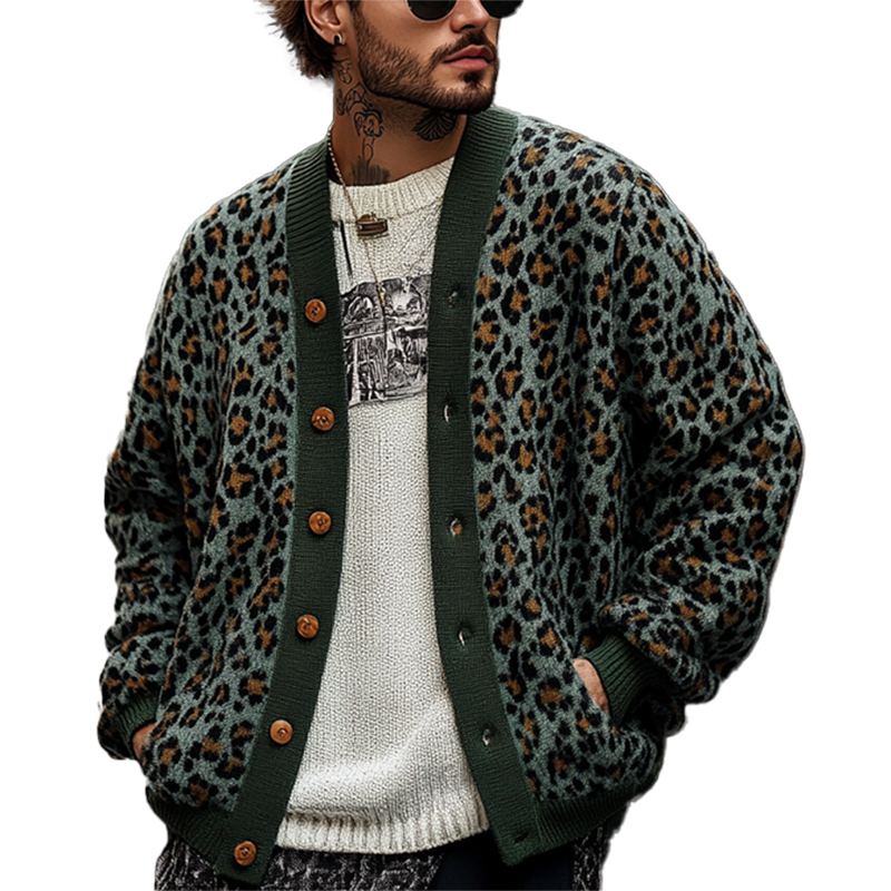 Men's Vintage Leopard Jacquard Colorblock Single Breasted Cardigan 23865460Y