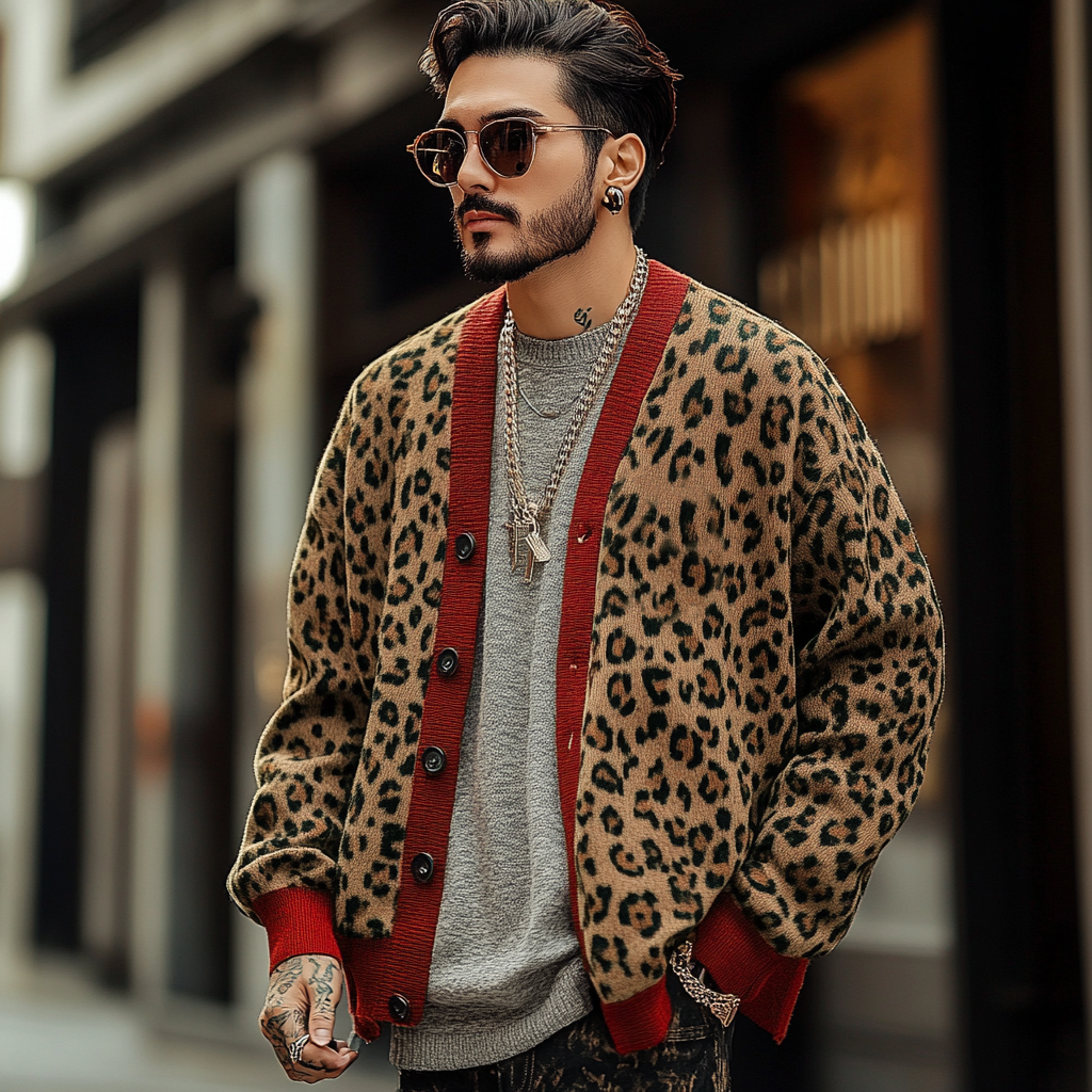Men's Vintage Leopard Jacquard Colorblock Single Breasted Cardigan 23865460Y
