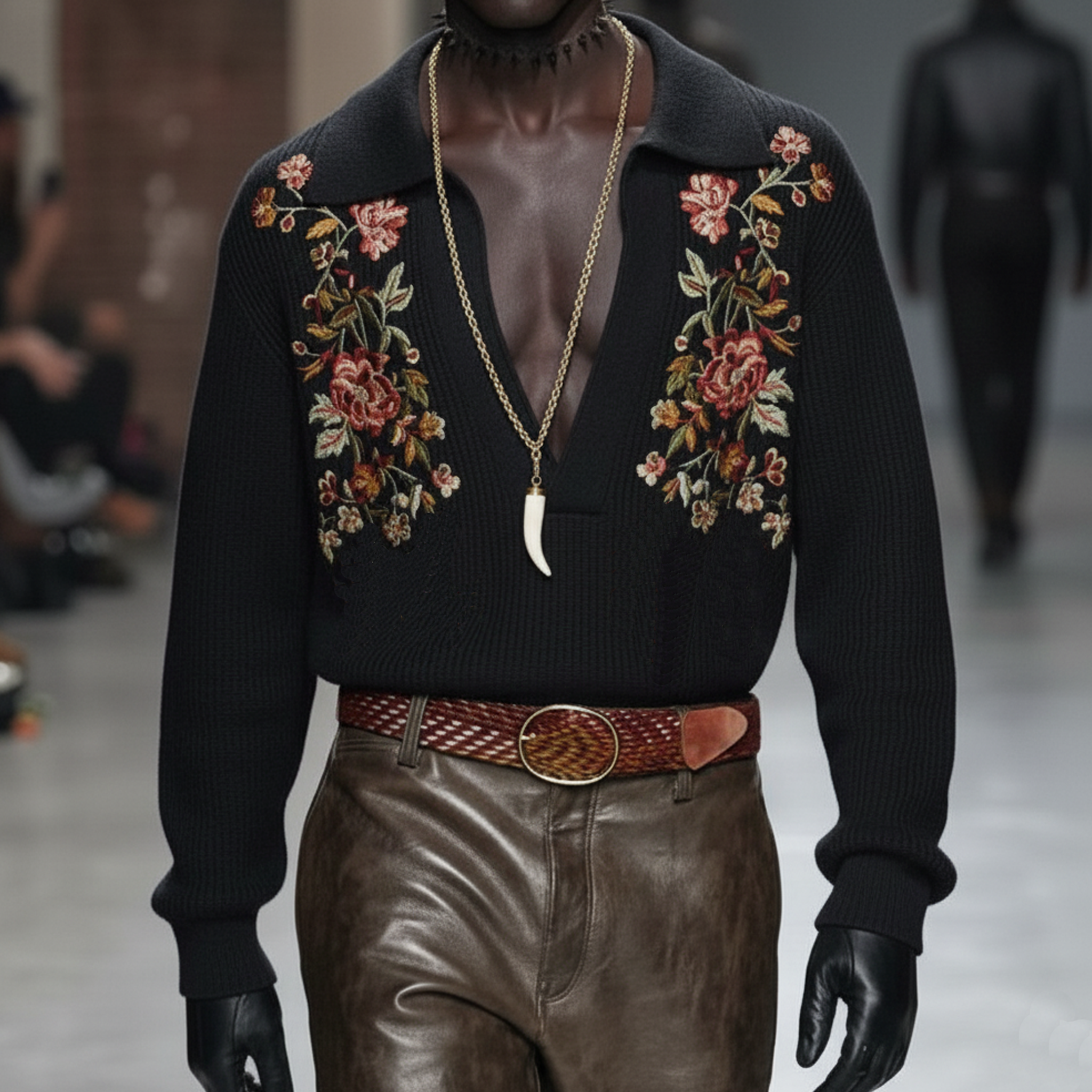 Men's Personalized And Stylish Embroidered Deep V-neck Sweater MTA0911L5K